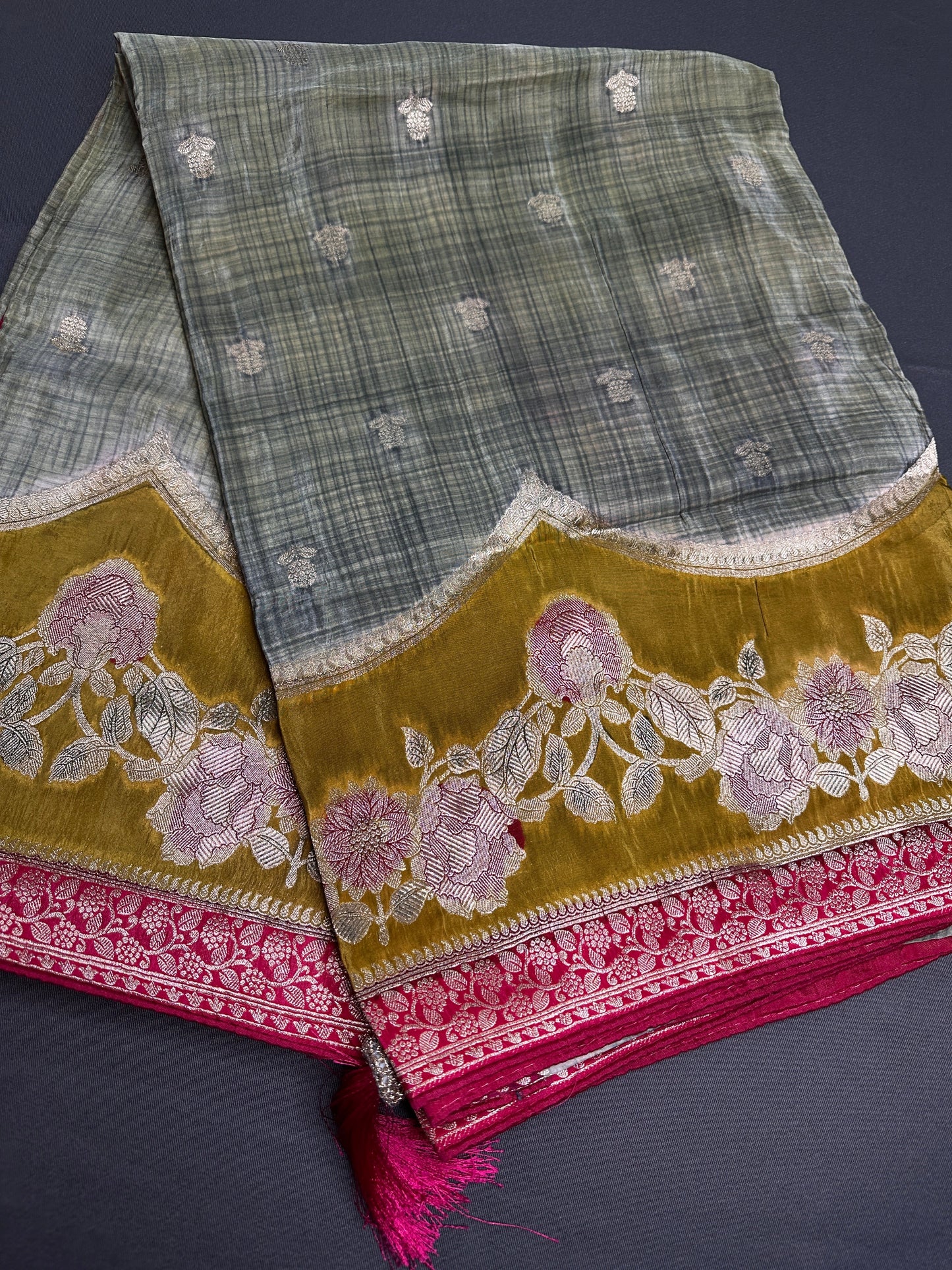 Green Pink Crepe Banarsi Silk  Saree