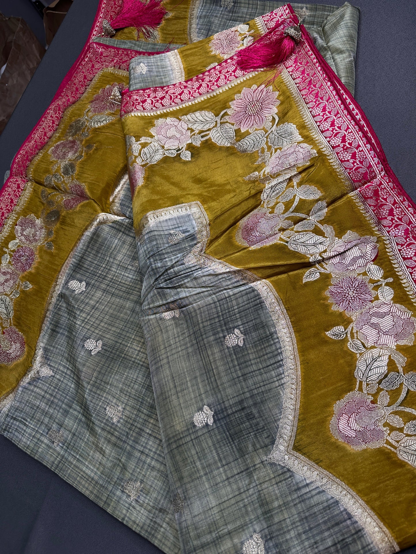 Green Pink Crepe Banarsi Silk  Saree