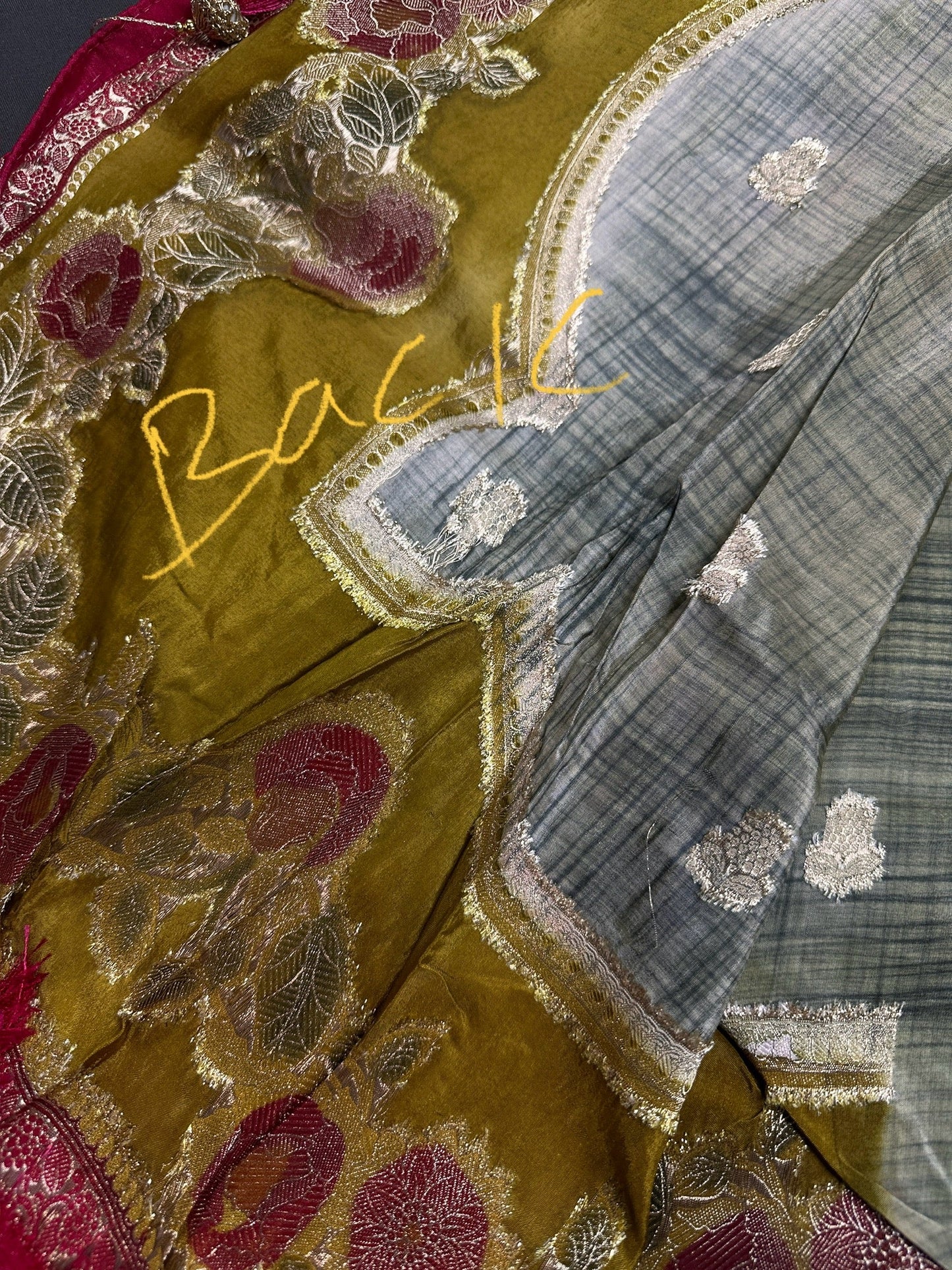 Green Pink Crepe Banarsi Silk  Saree