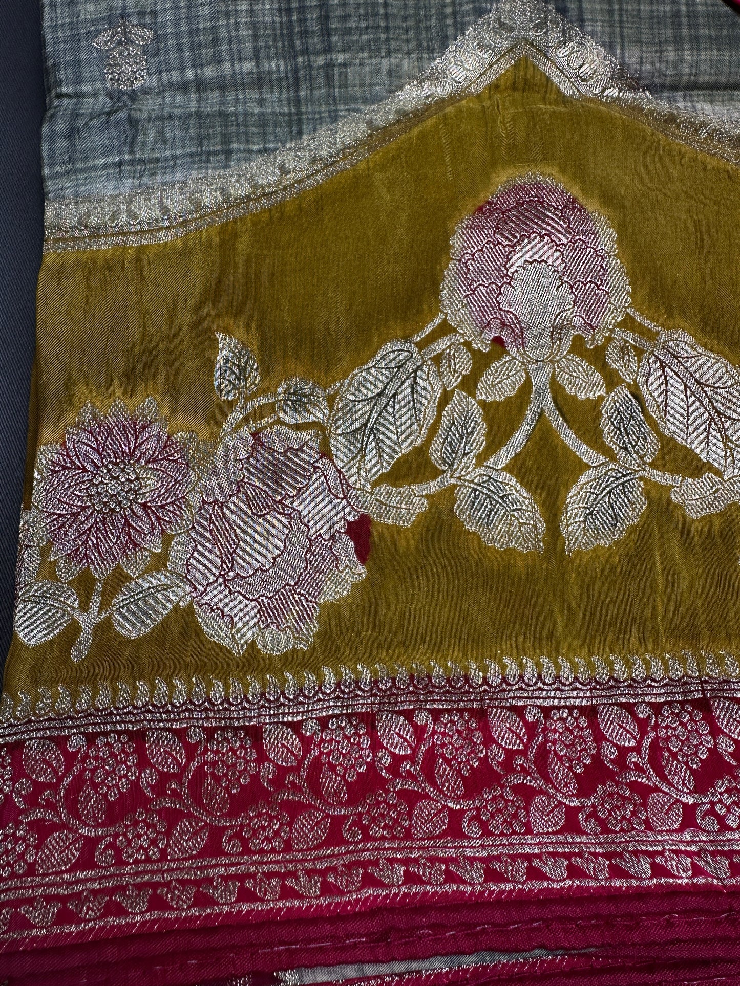 Green Pink Crepe Banarsi Silk  Saree