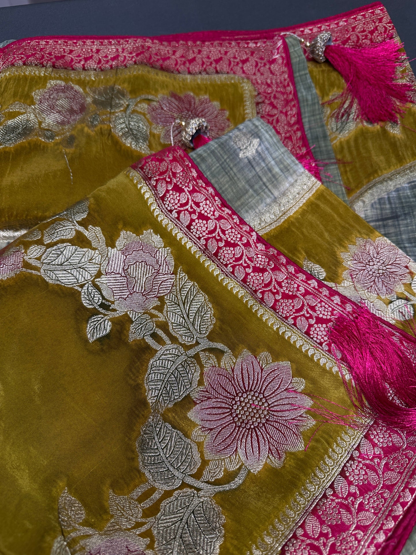 Green Pink Crepe Banarsi Silk  Saree