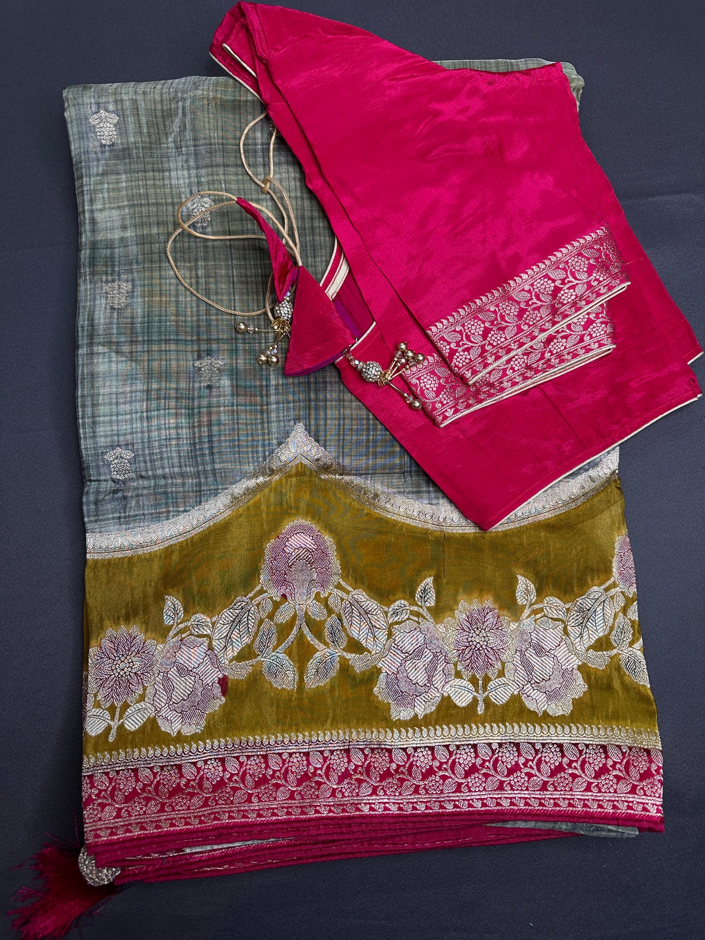 Green Pink Crepe Banarsi Silk  Saree