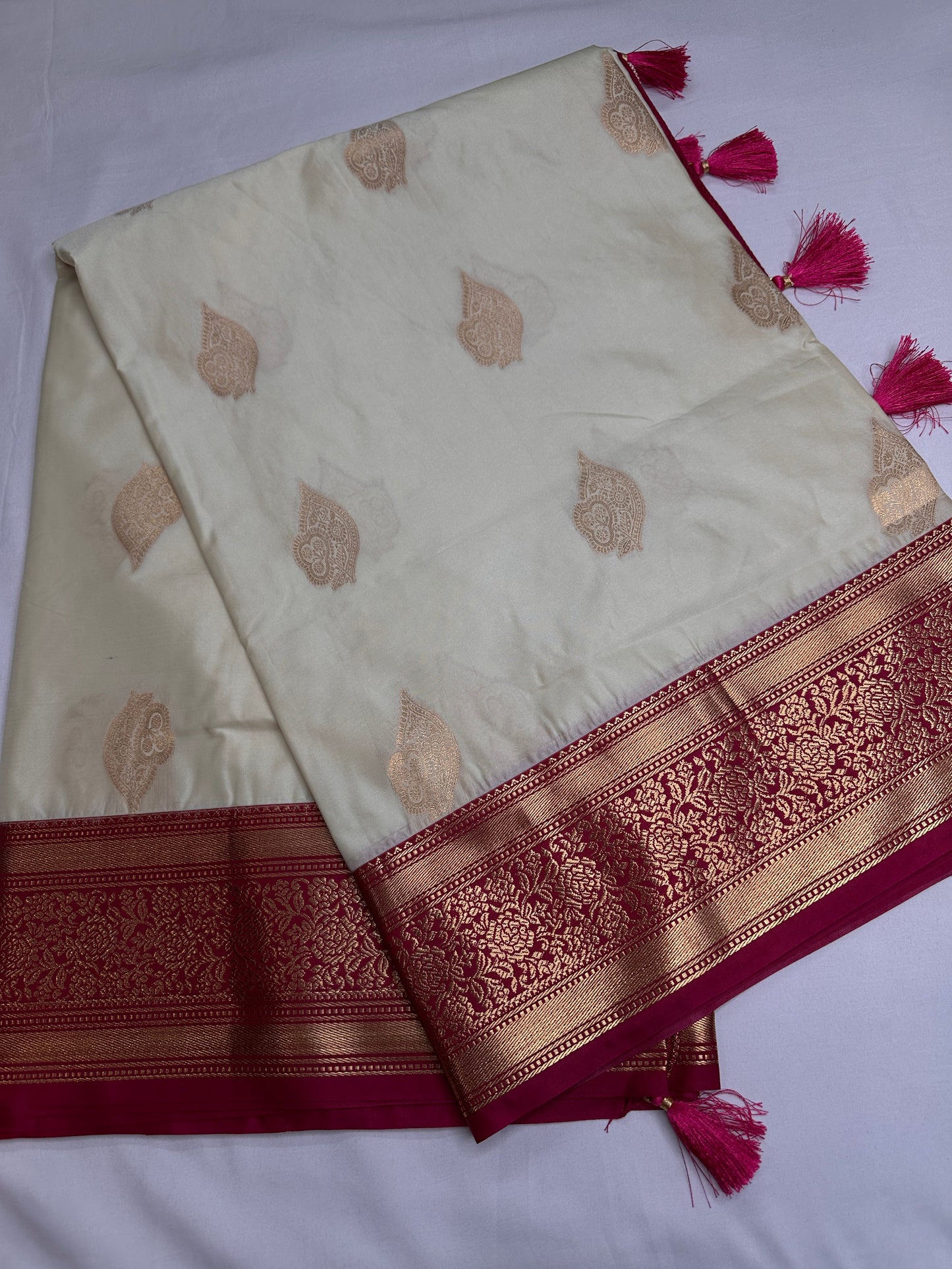 Cream Pink Semi Kanchi Silk  Saree