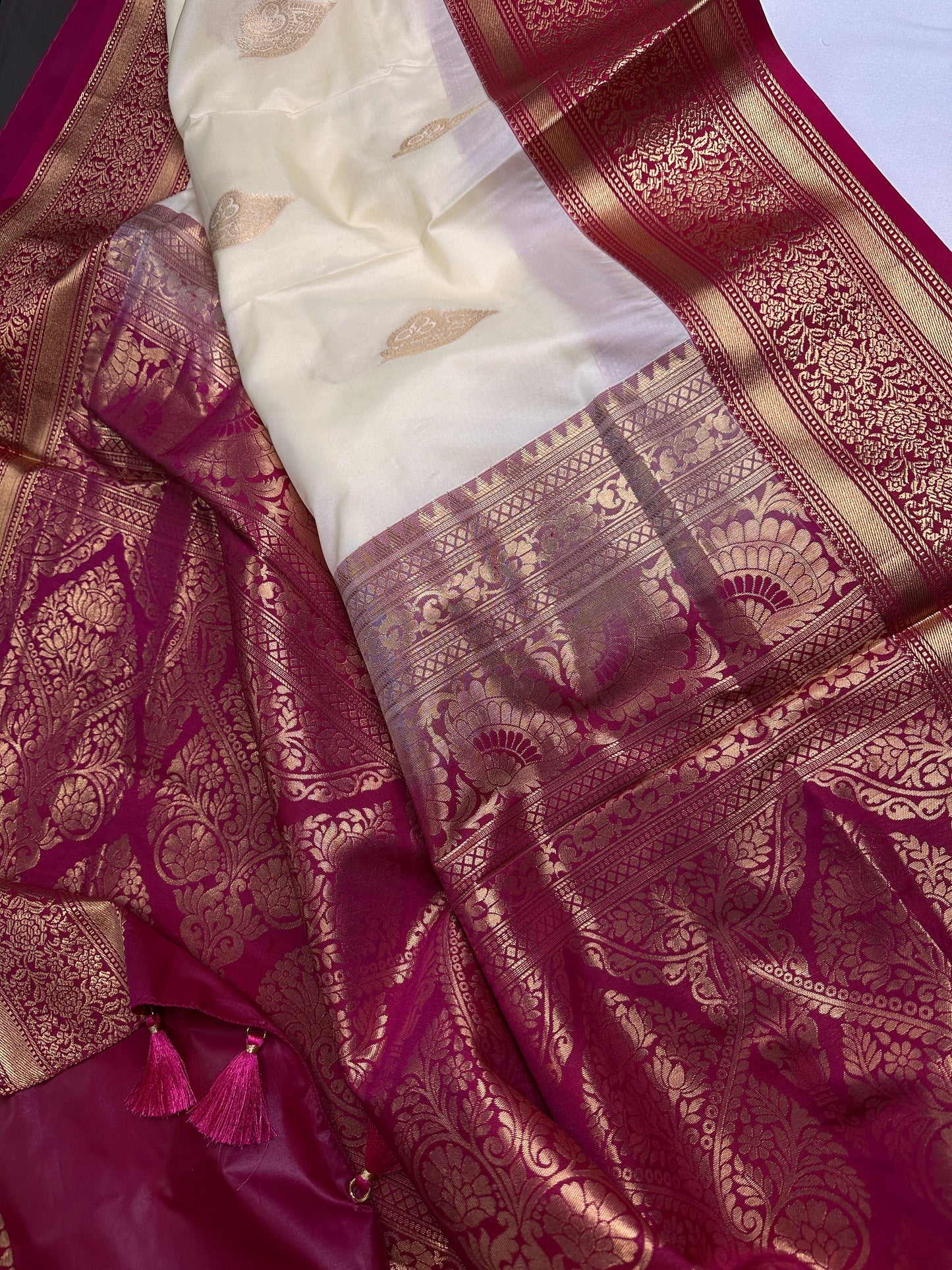 Cream Pink Semi Kanchi Silk  Saree