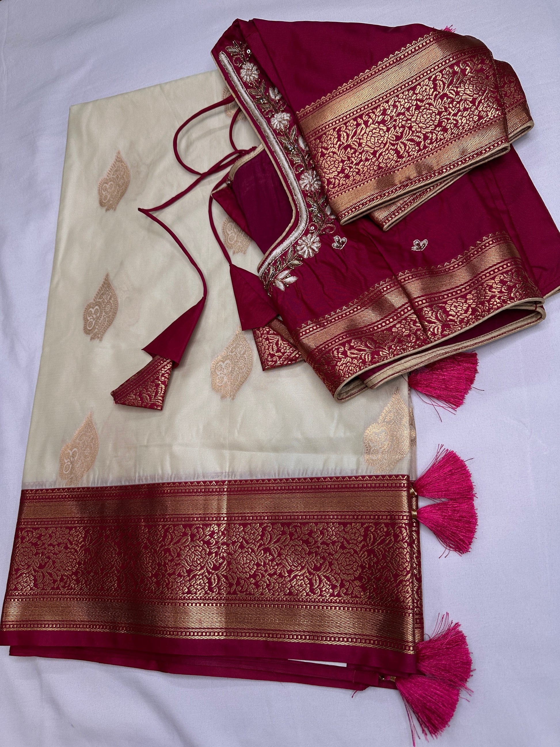 Cream Pink Semi Kanchi Silk  Saree