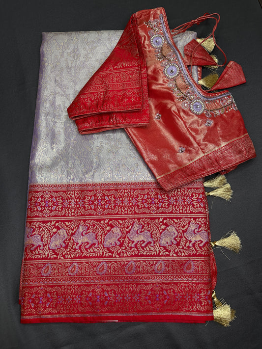 Lavender Brocade Semi Kanchi Silk  Saree