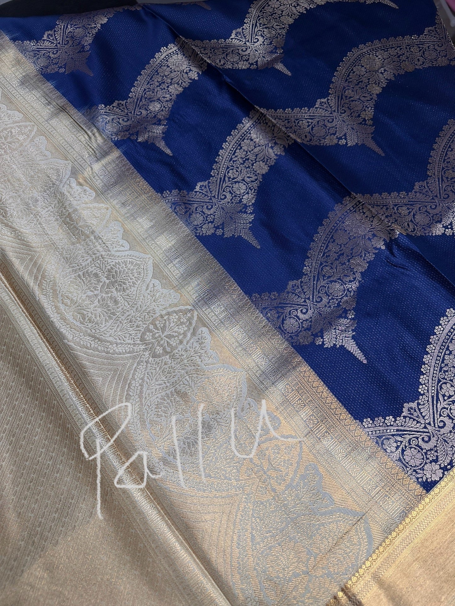 Blue Brocade Semi Kanchi Silk  Saree