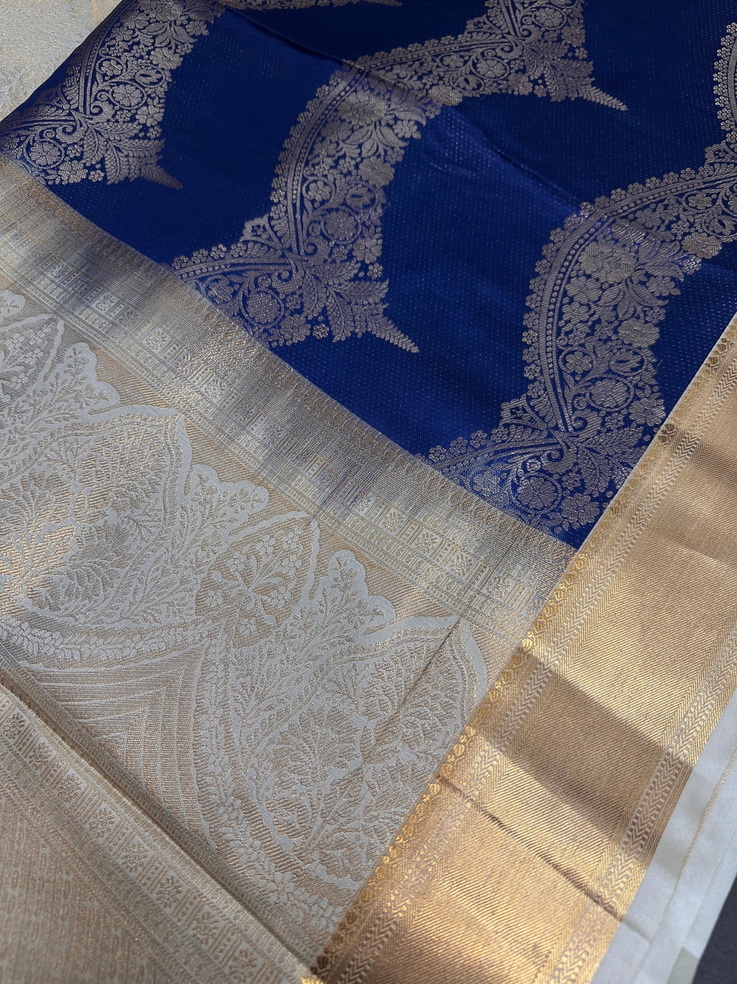 Blue Brocade Semi Kanchi Silk  Saree