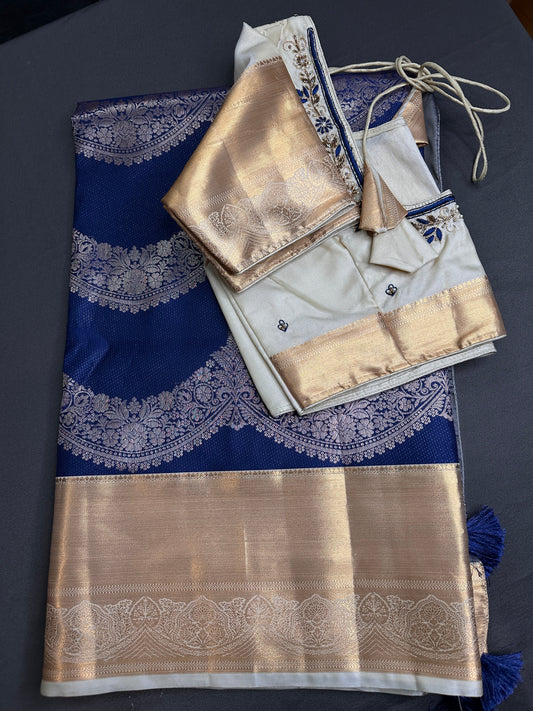 Blue Brocade Semi Kanchi Silk  Saree