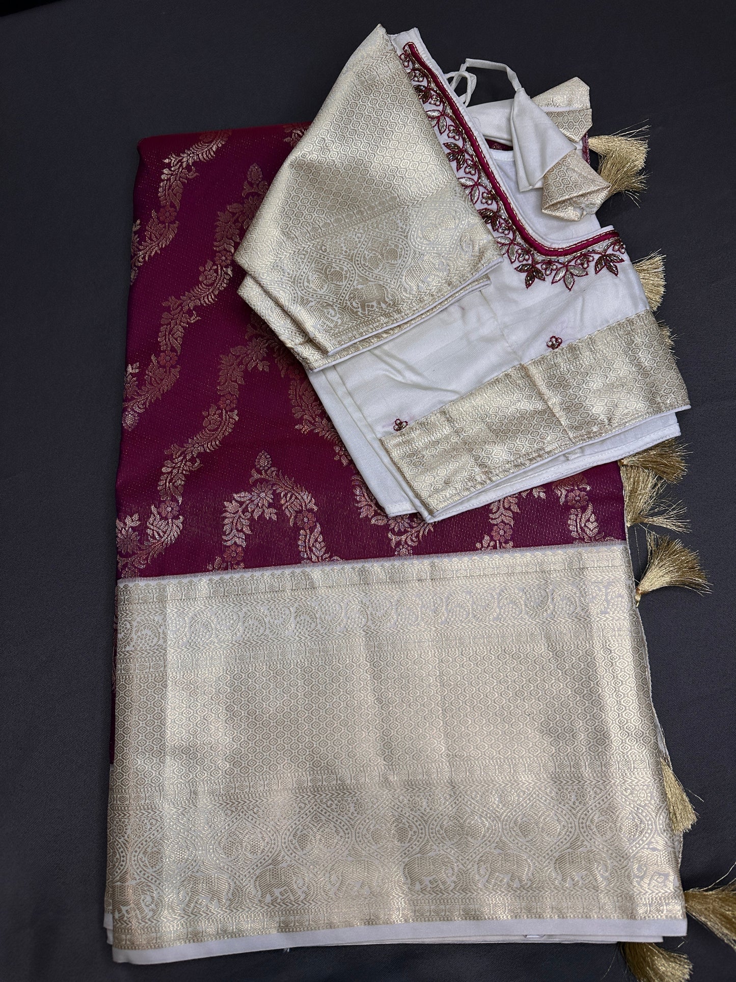 Red Cream Brocade Semi Kanchi Silk  Saree