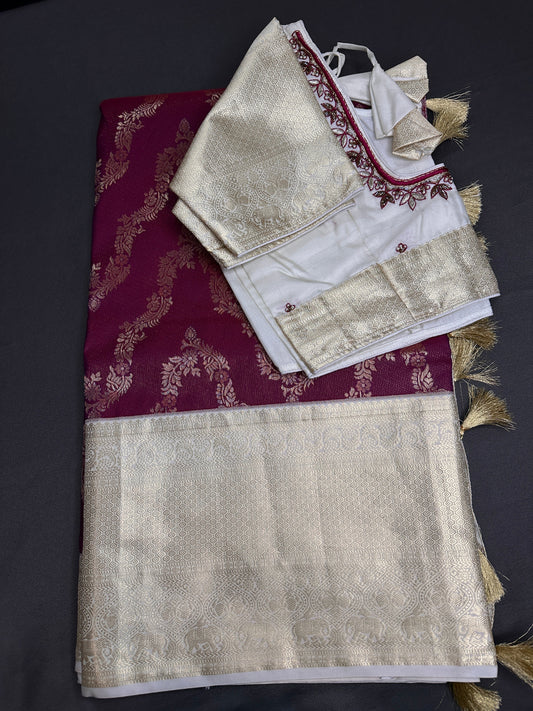 Red Cream Brocade Semi Kanchi Silk  Saree