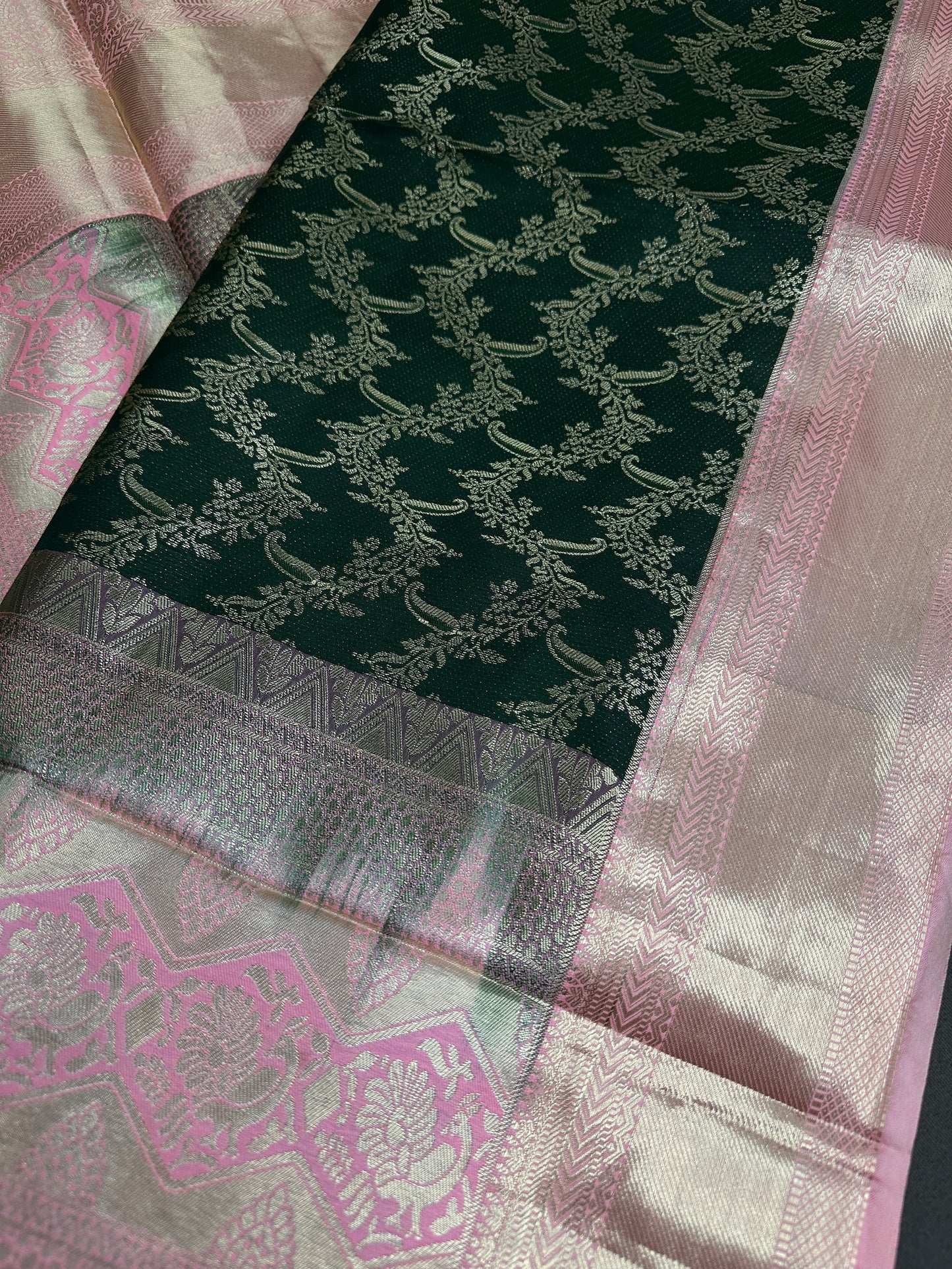 Green Pink Brocade Semi Kanchi Silk  Saree