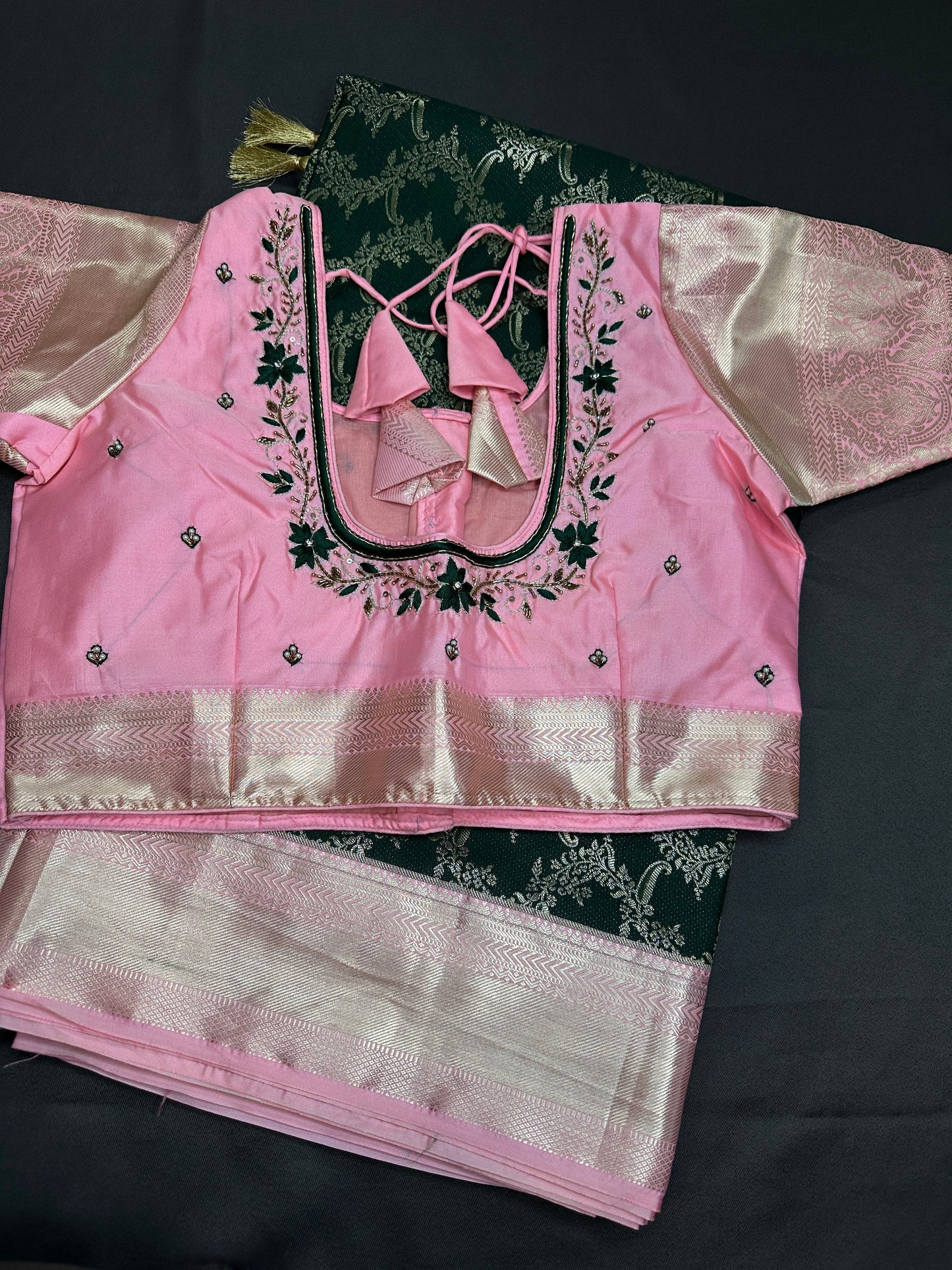 Green Pink Brocade Semi Kanchi Silk  Saree