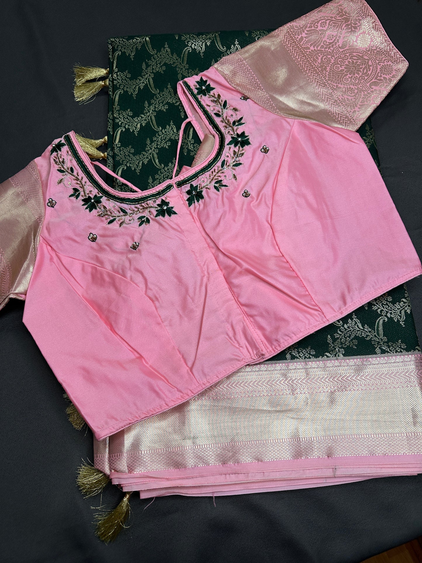 Green Pink Brocade Semi Kanchi Silk  Saree