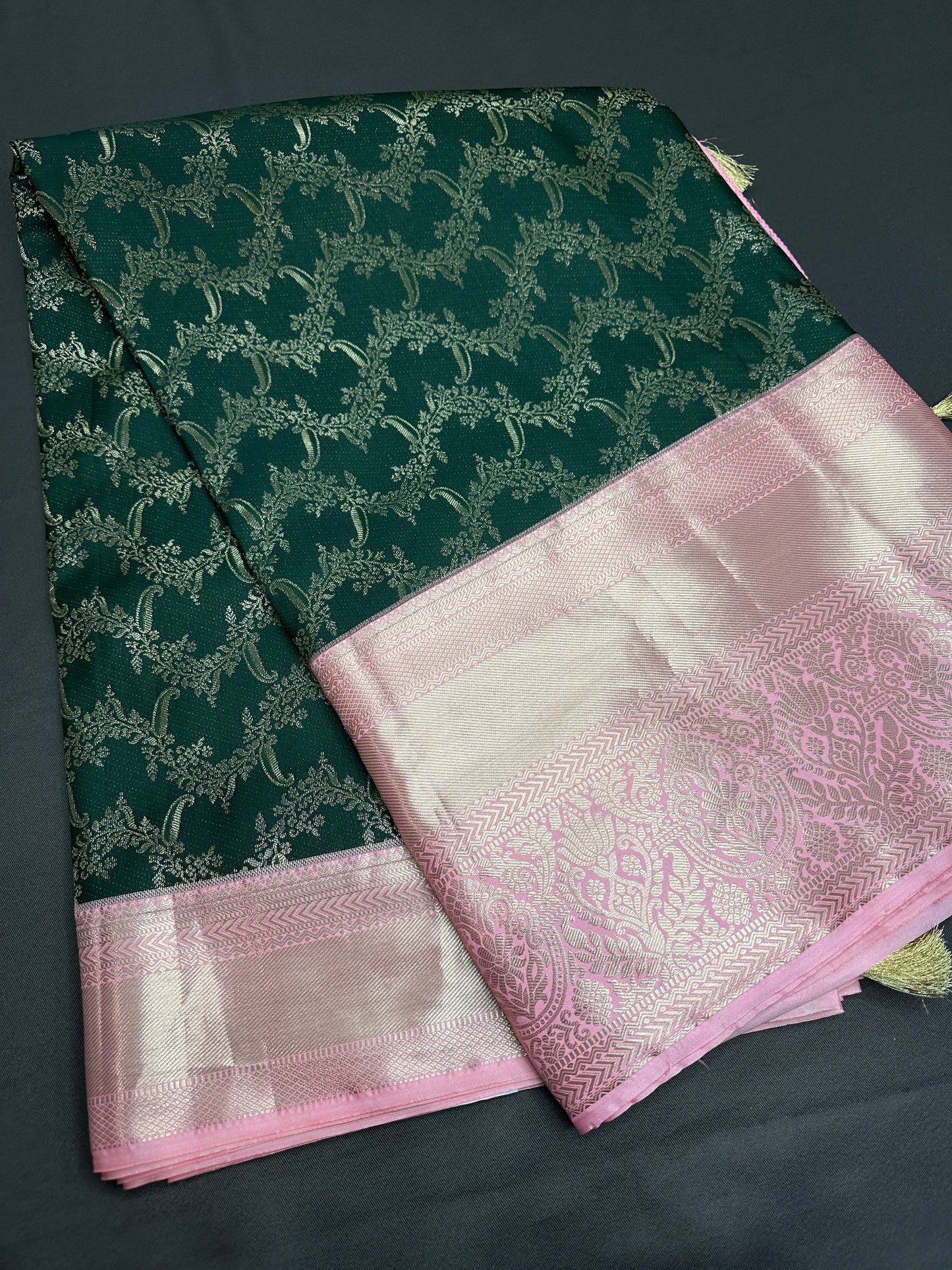 Green Pink Brocade Semi Kanchi Silk  Saree
