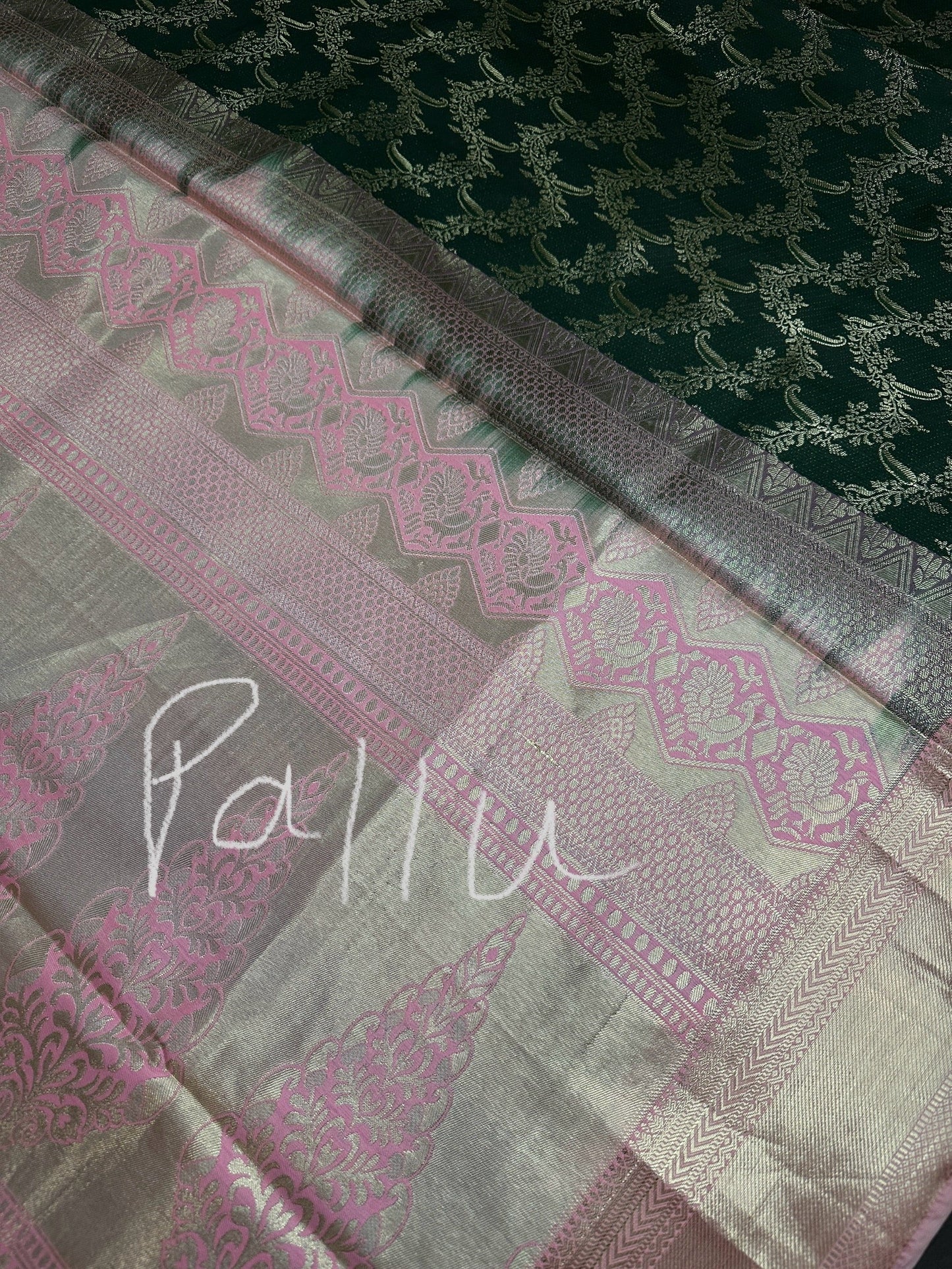 Green Pink Brocade Semi Kanchi Silk  Saree