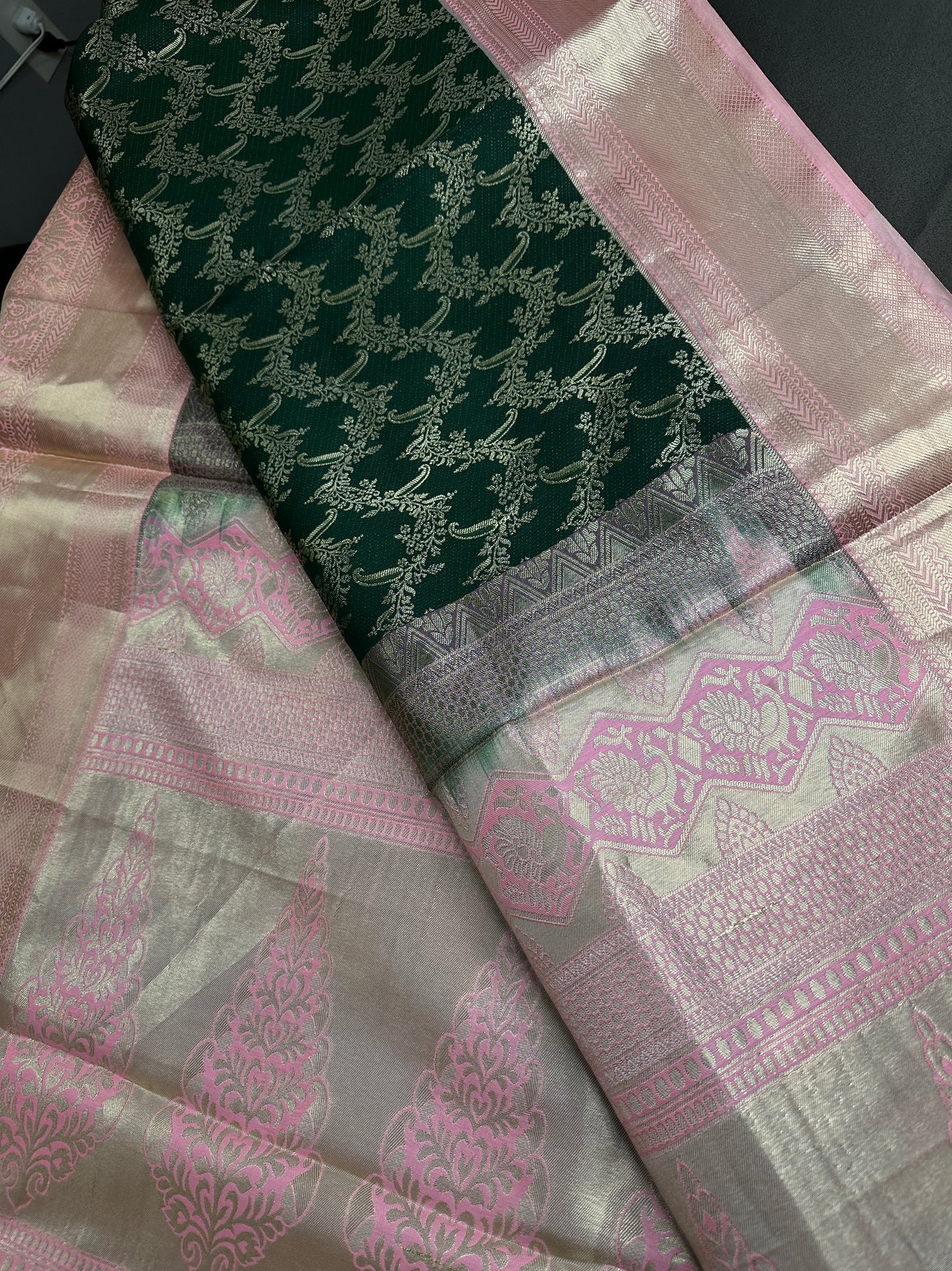 Green Pink Brocade Semi Kanchi Silk  Saree