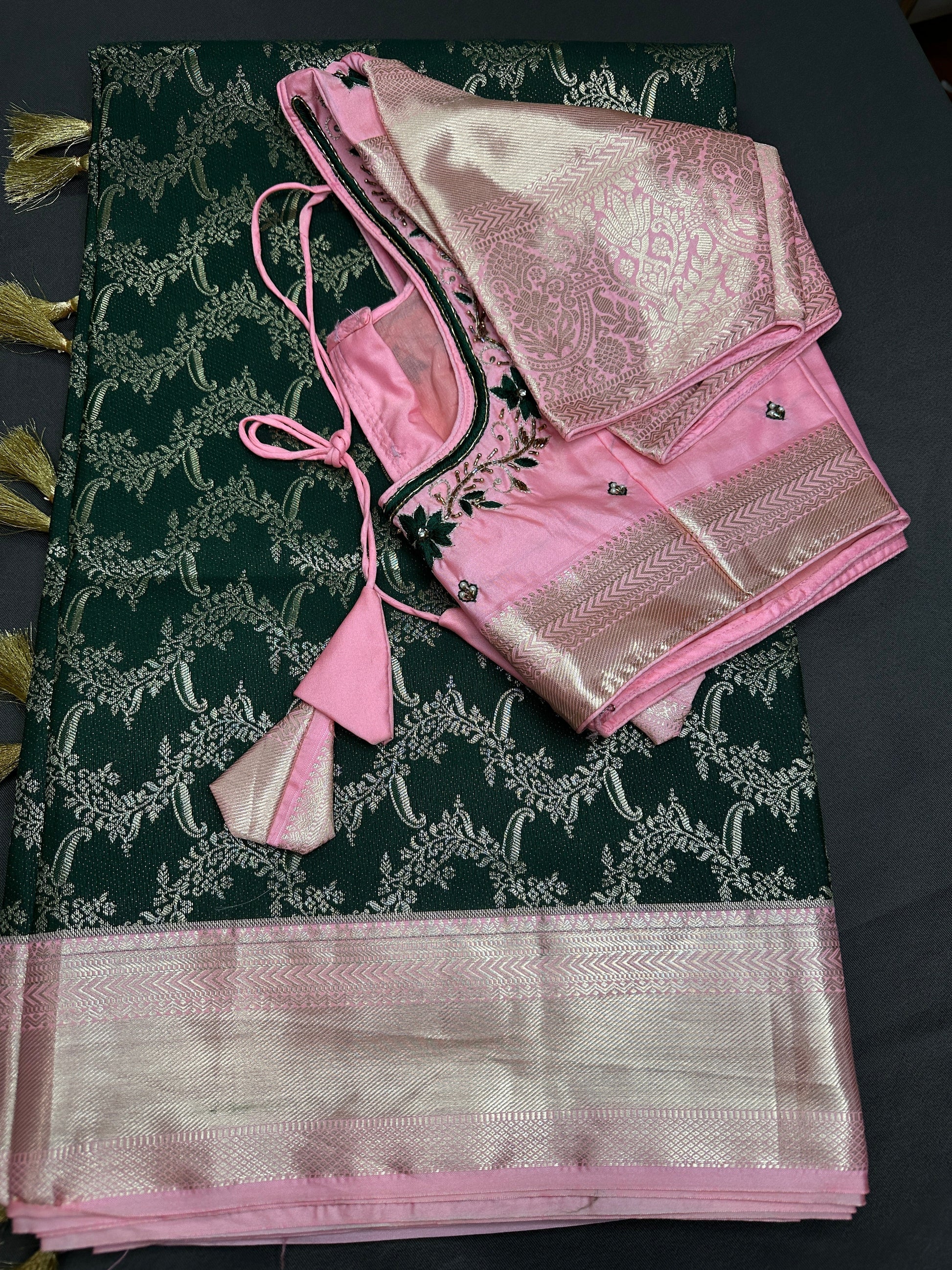 Green Pink Brocade Semi Kanchi Silk  Saree