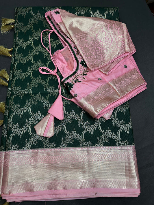 Green Pink Brocade Semi Kanchi Silk  Saree