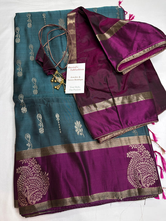 Teal Blue Purple Light Weight Kanchi Soft Silk  Saree