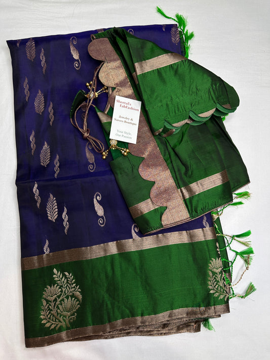 Blue Green Light Weight Kanchi Soft Silk  Saree
