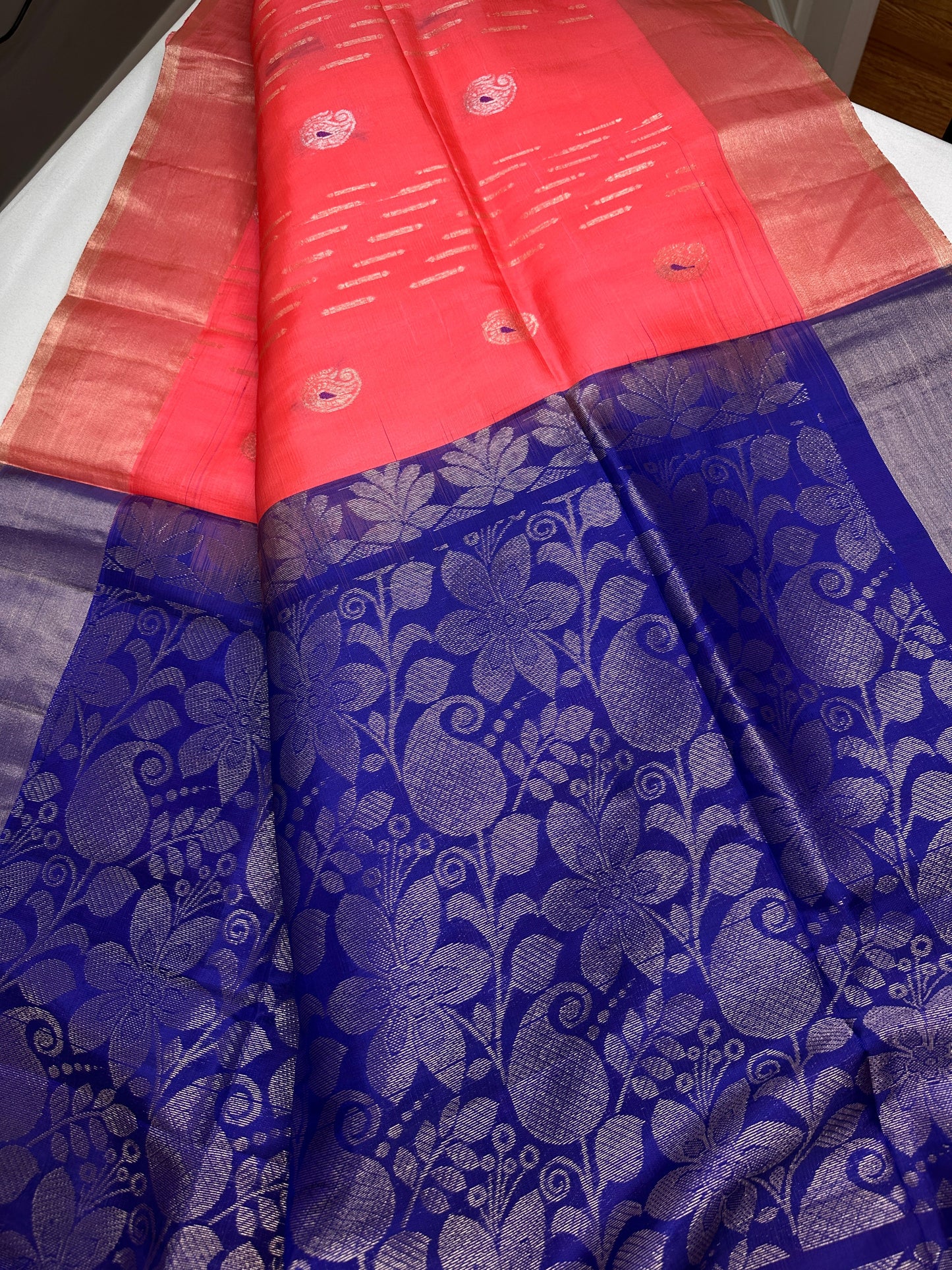 Peach Blue Light Weight Kanchi Soft Silk  Saree