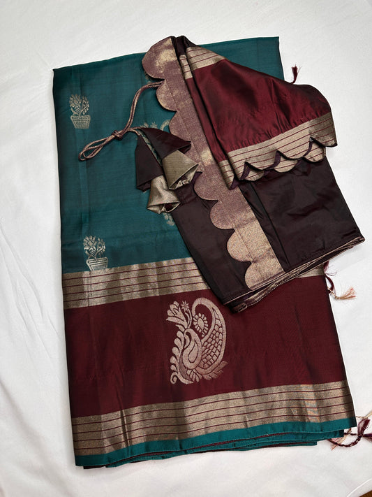 Green Brown Light Weight Kanchi Soft Silk  Saree