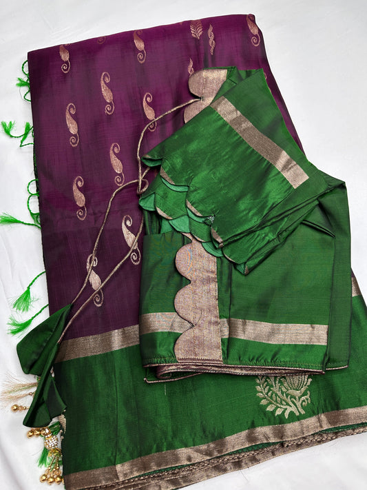 Purple Green  Light Weight Kanchi Soft Silk  Saree