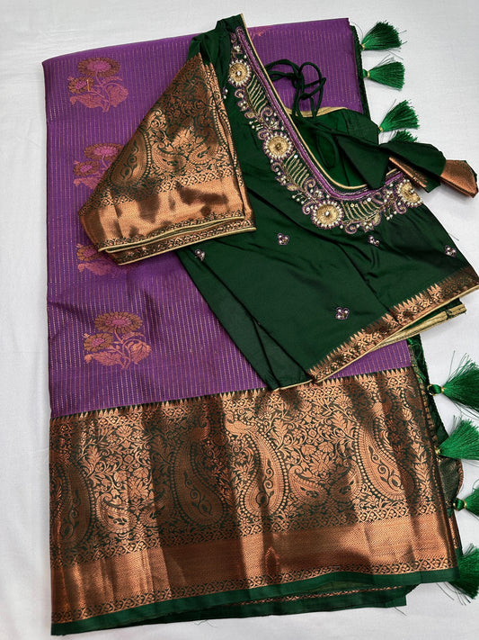 Purple Green  Light Weight Kanchi Vintage  Saree