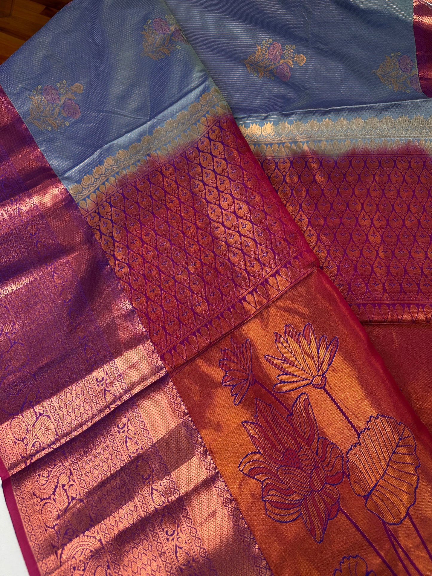 Blue Pink  Light Weight Kanchi Vintage  Saree