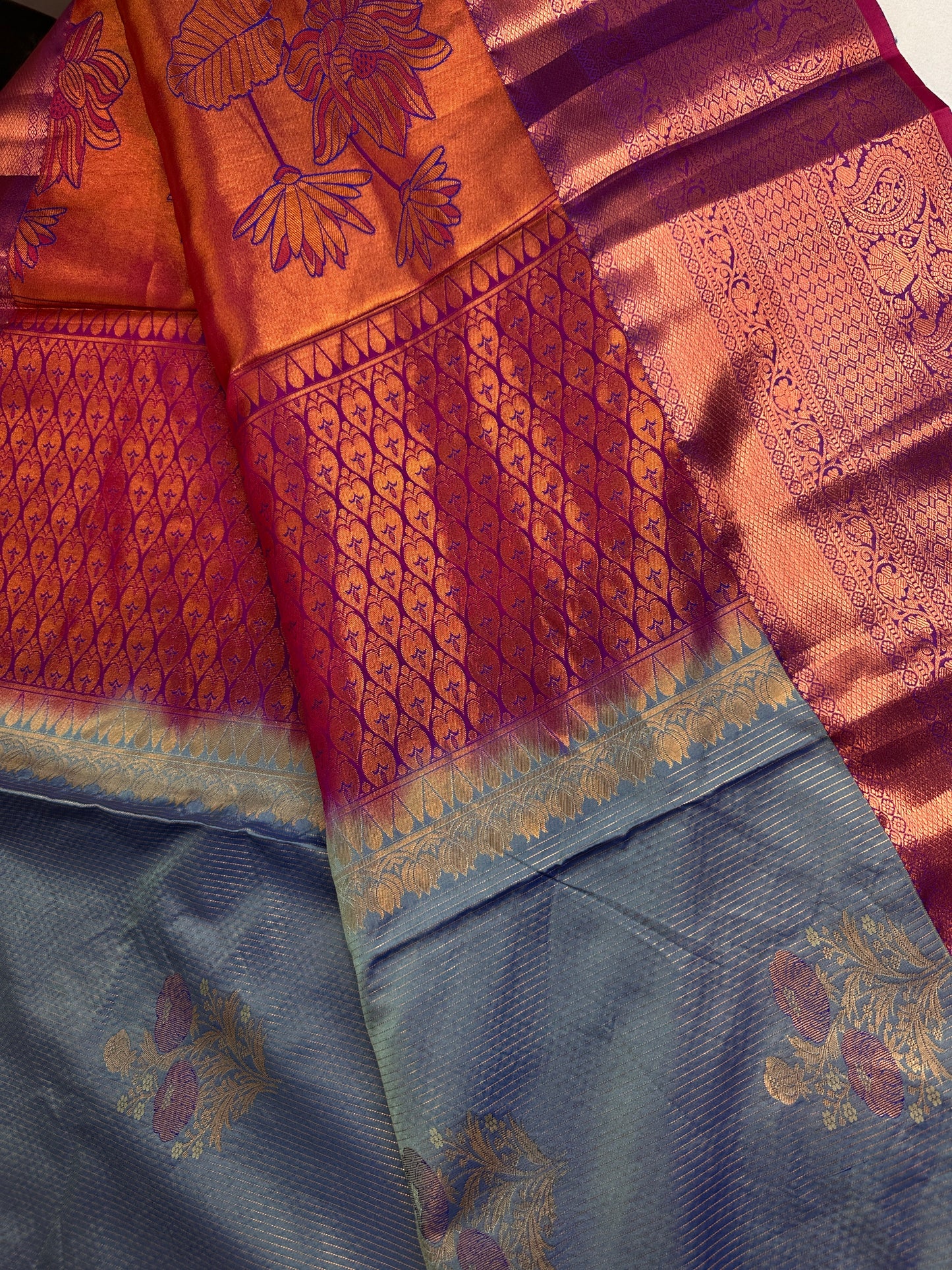 Blue Pink  Light Weight Kanchi Vintage  Saree