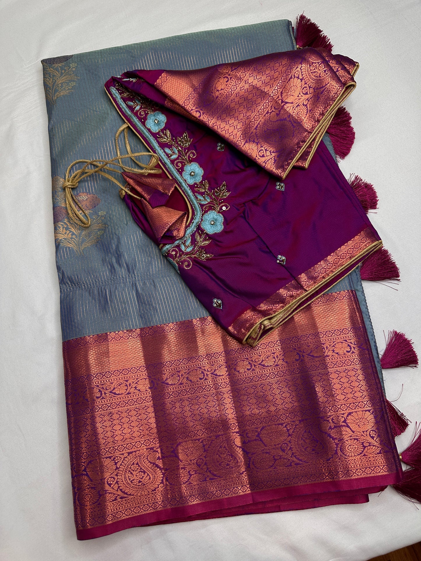 Blue Pink  Light Weight Kanchi Vintage  Saree