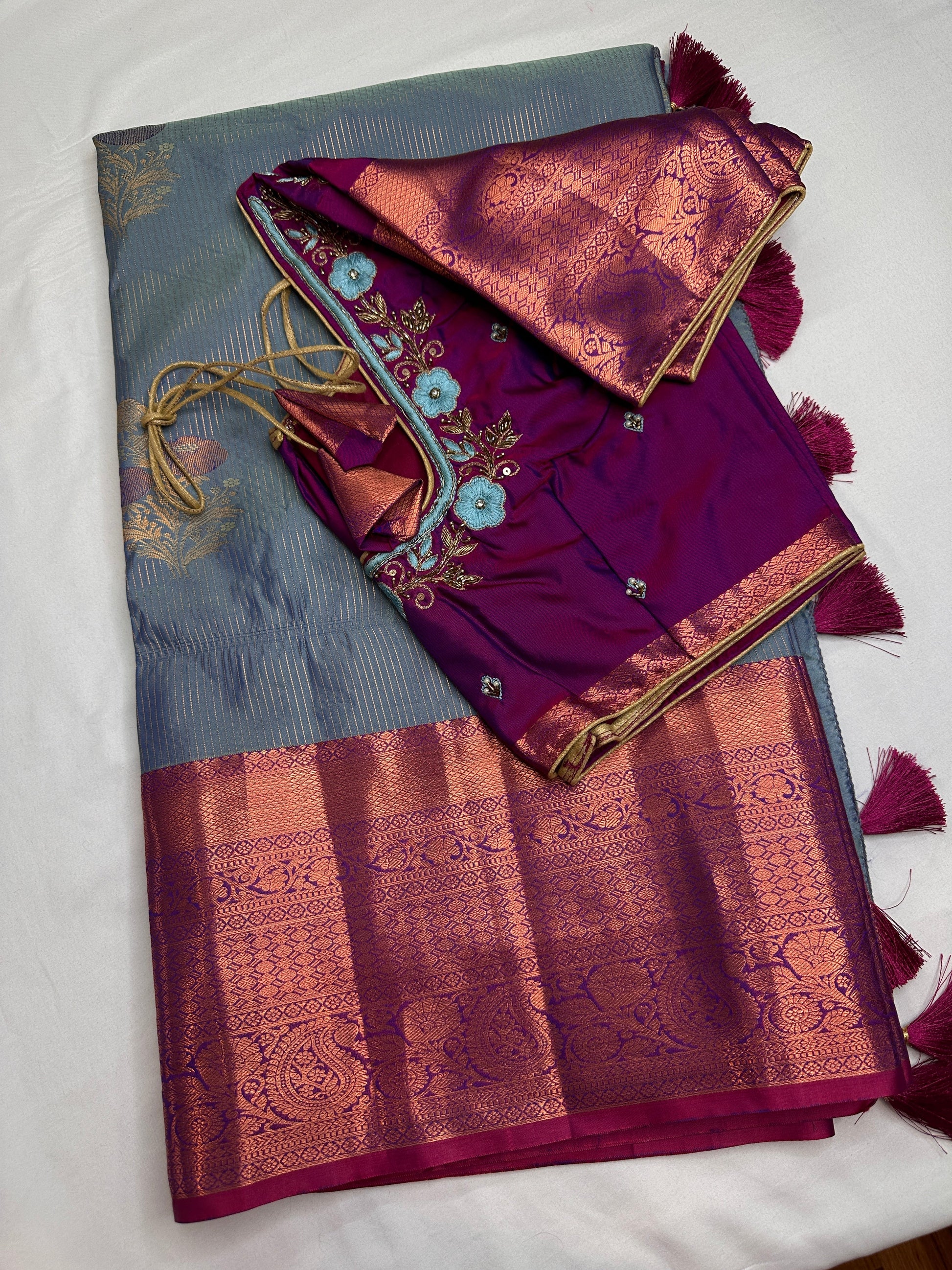 Blue Pink  Light Weight Kanchi Vintage  Saree