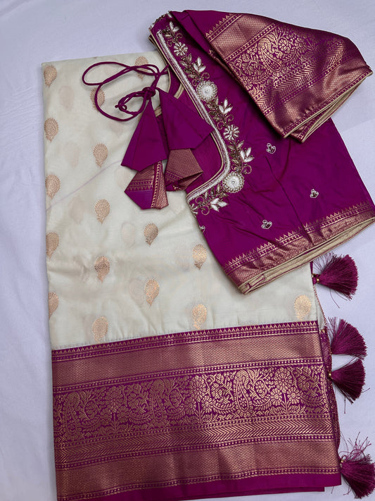 Cream Pink Semi Gadwal Saree