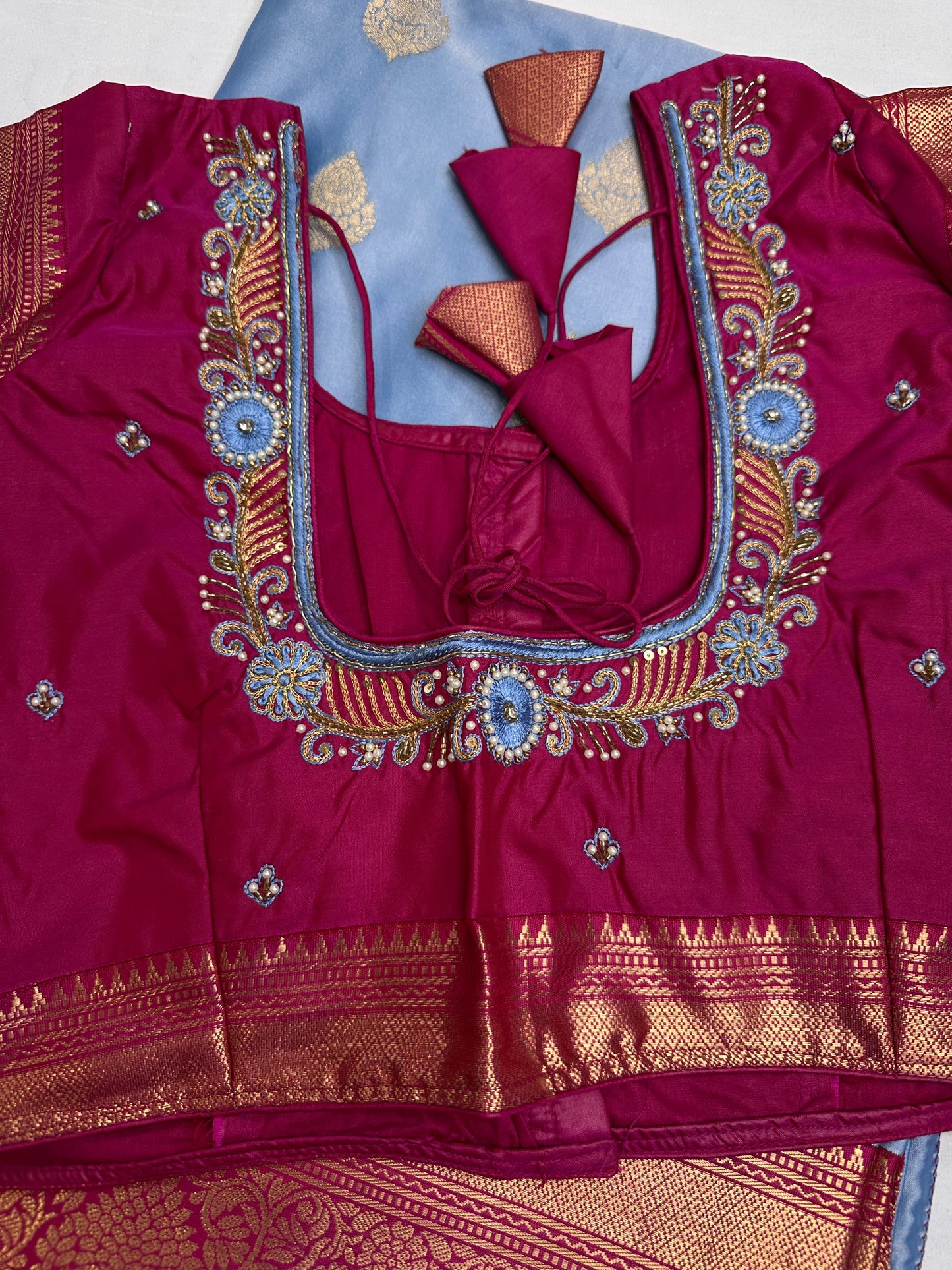Blue Pink Traditional Semi Gadwal Saree