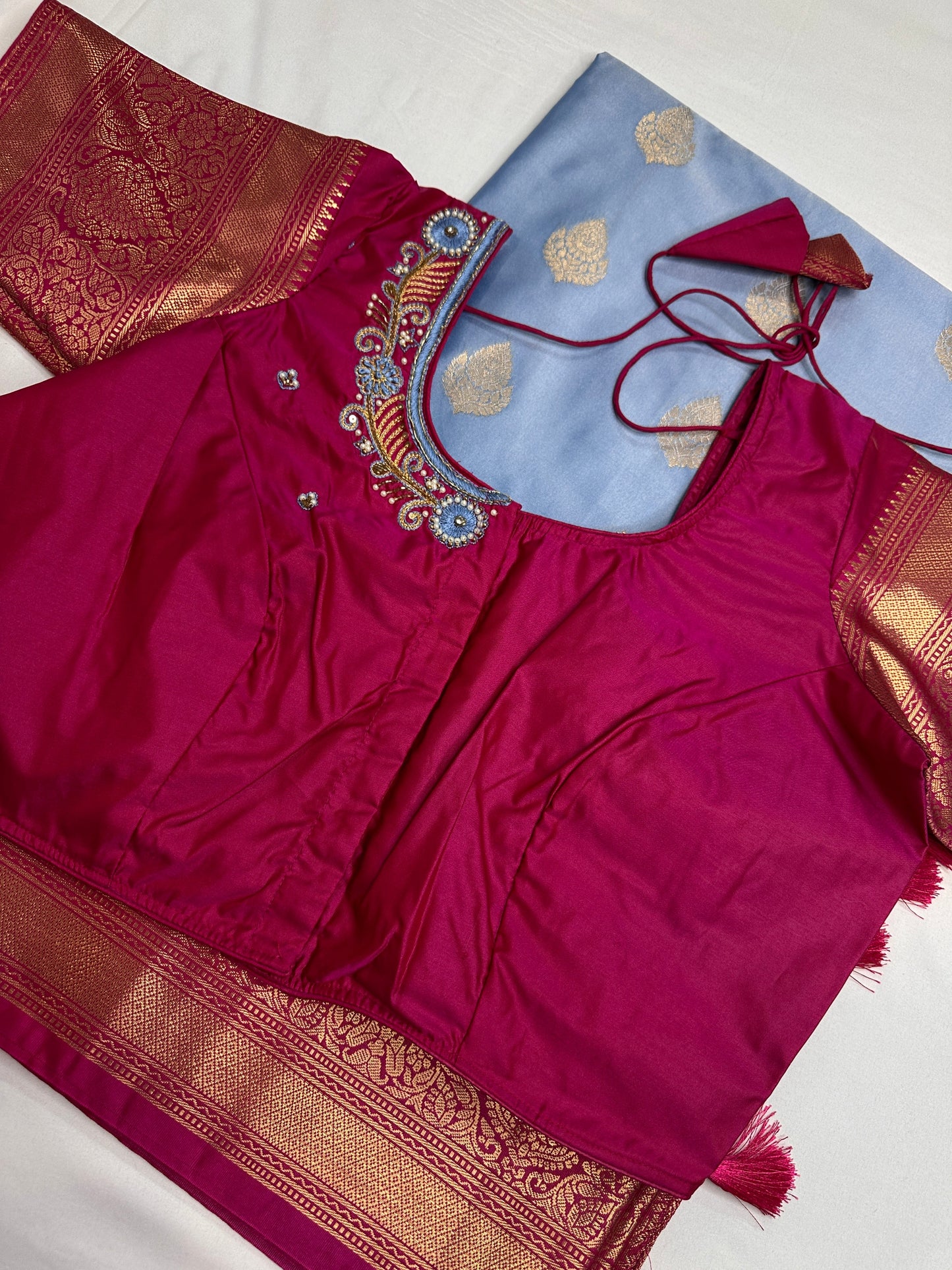 Blue Pink Traditional Semi Gadwal Saree
