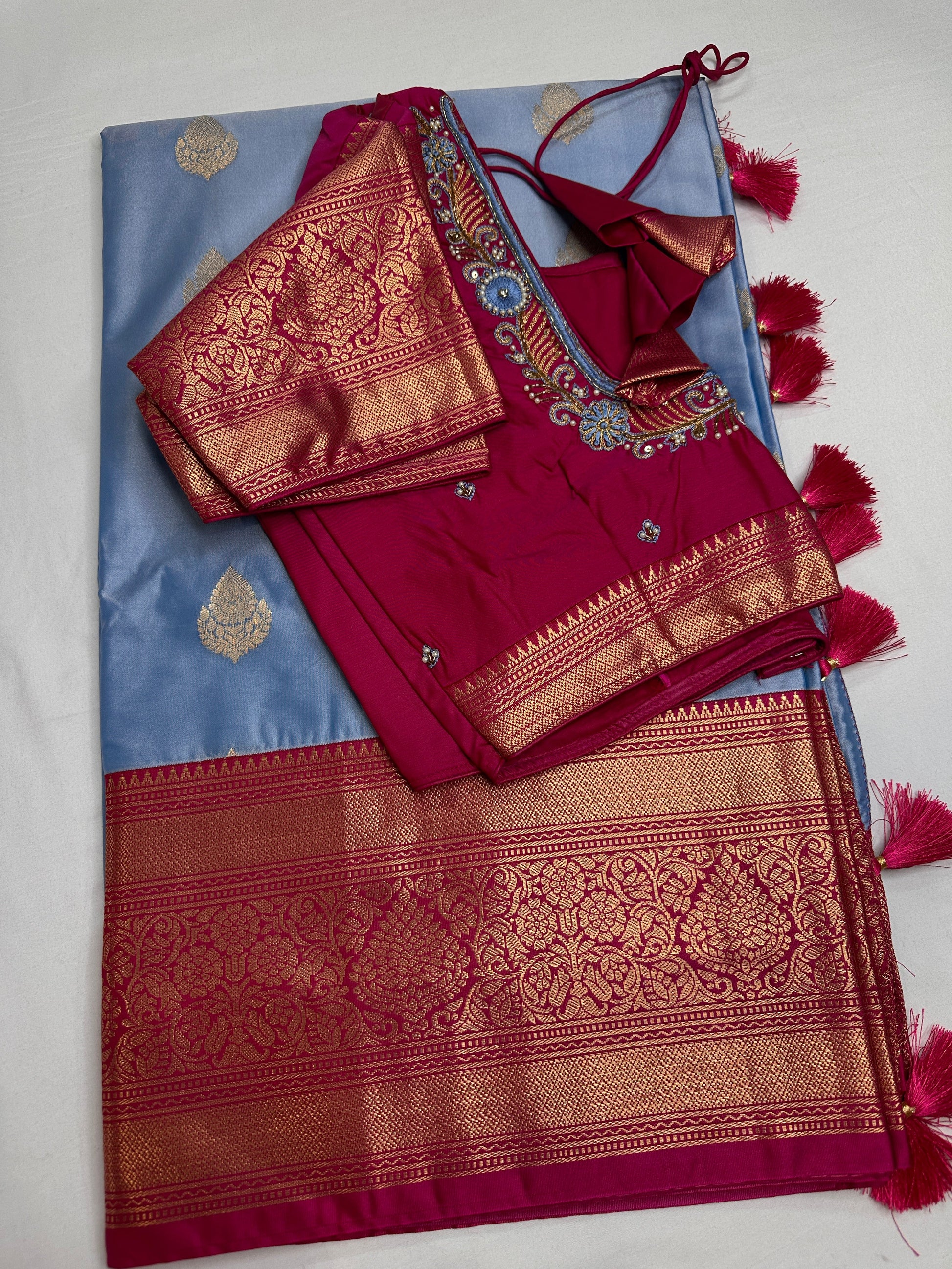 Blue Pink Traditional Semi Gadwal Saree