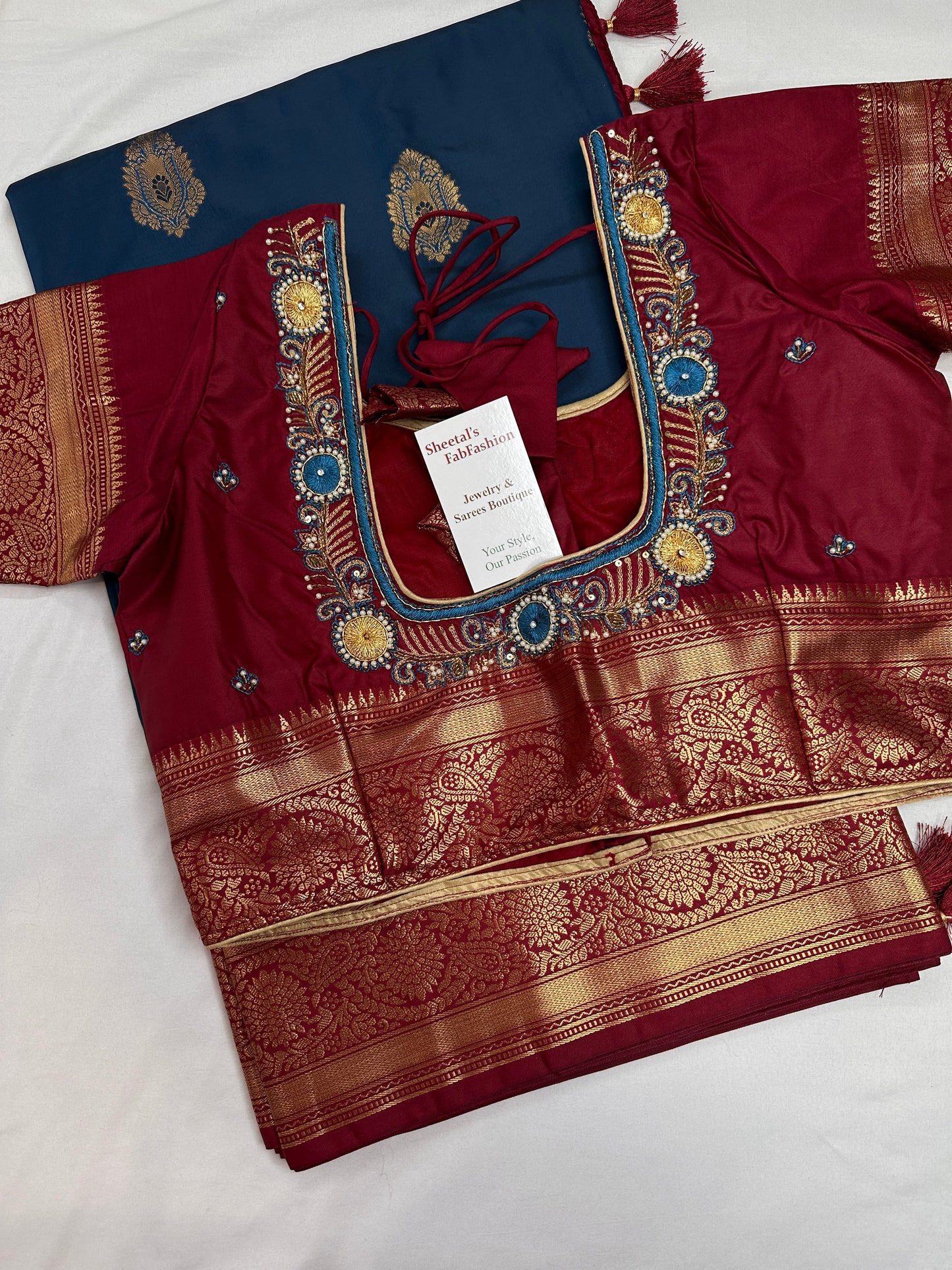 Blue Maroon Traditional Semi Gadwal Saree