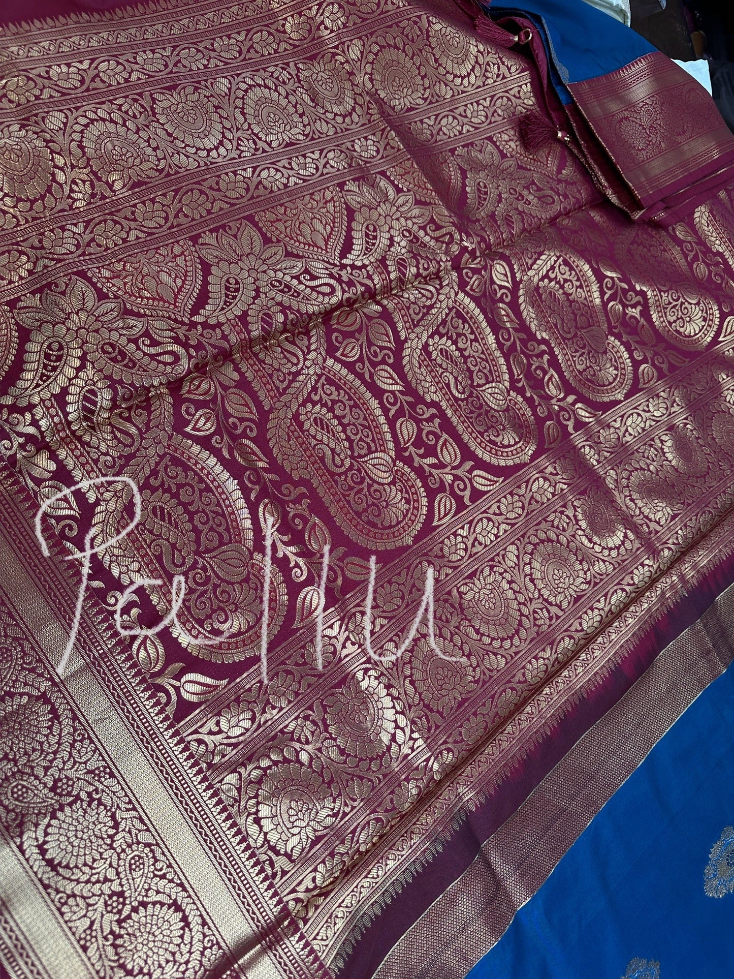 Blue Maroon Traditional Semi Gadwal Saree
