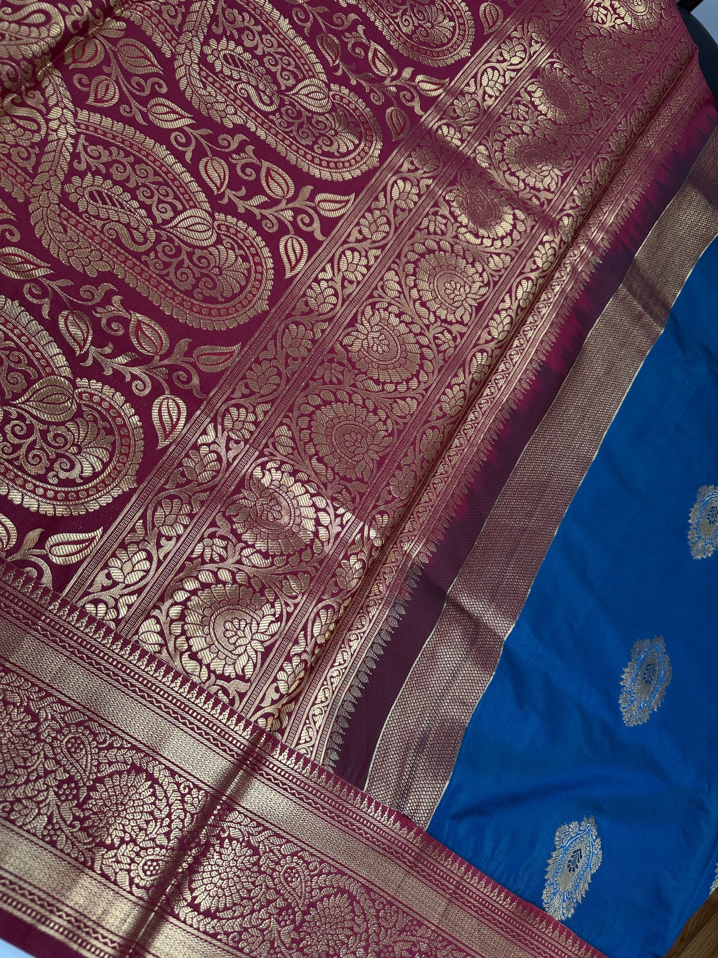 Blue Maroon Traditional Semi Gadwal Saree