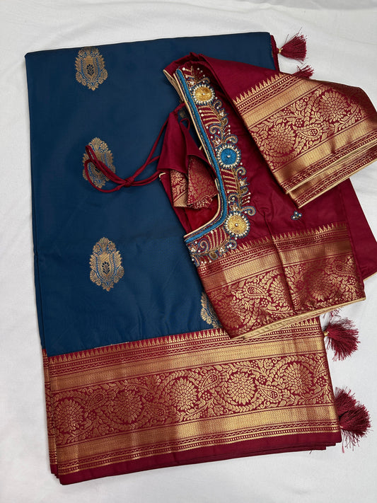 Blue Maroon Traditional Semi Gadwal Saree