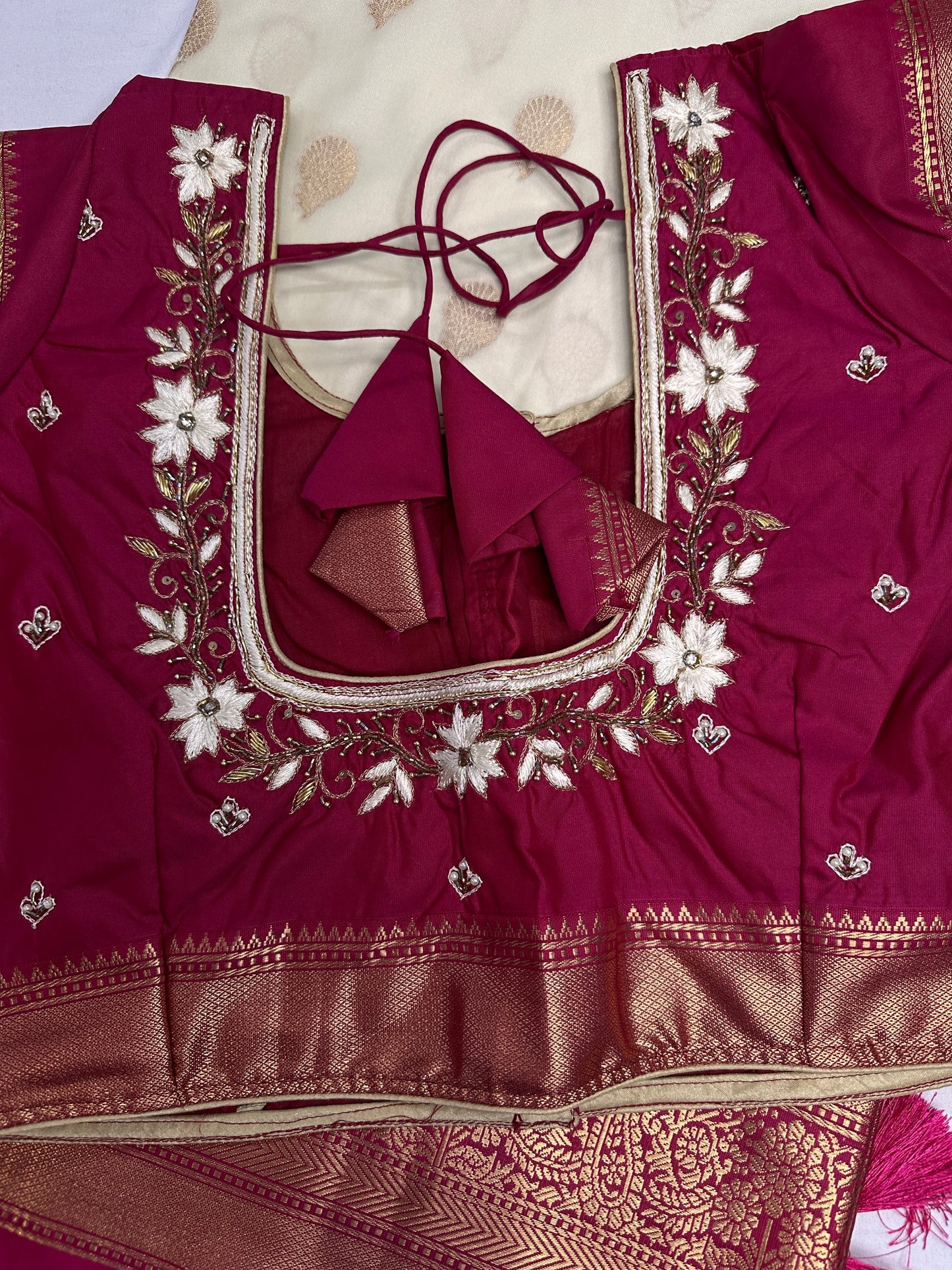 Cream Pink Semi Gadwal Saree
