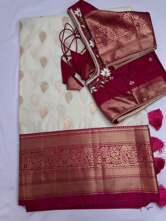 Cream Pink Semi Gadwal Saree