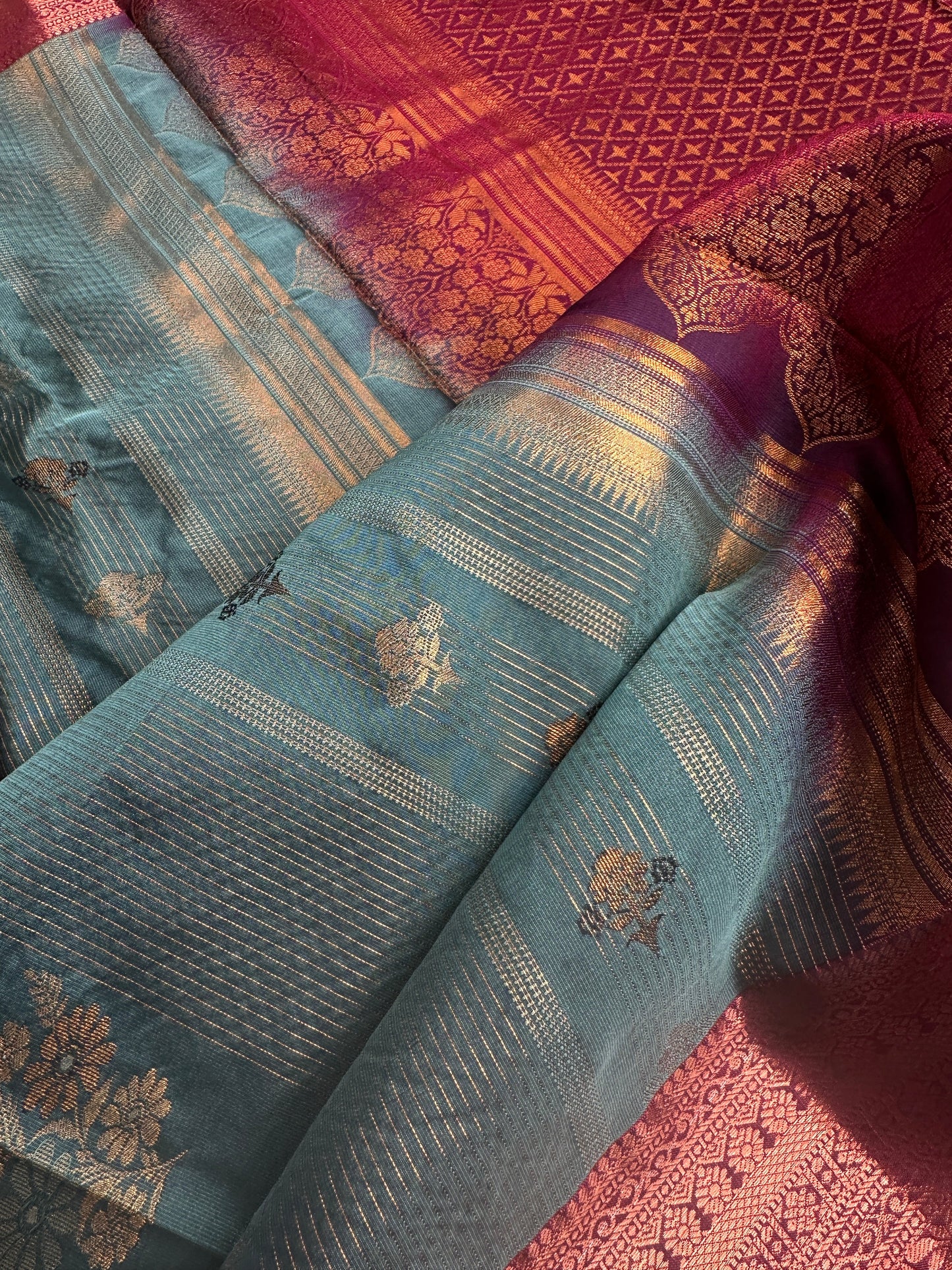 Vintage  Teal Maroon Soft Silk Saree