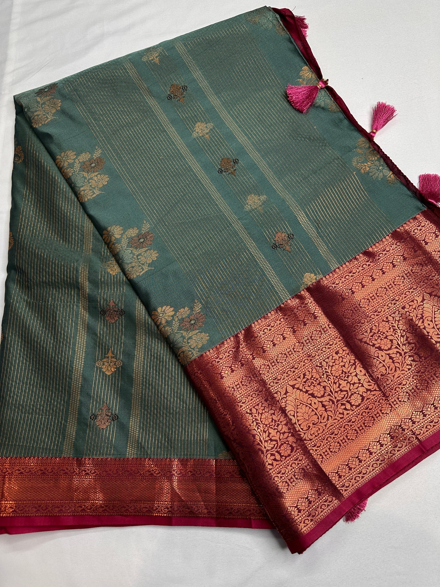 Vintage  Teal Maroon Soft Silk Saree