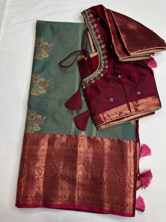 Vintage  Teal Maroon Soft Silk Saree