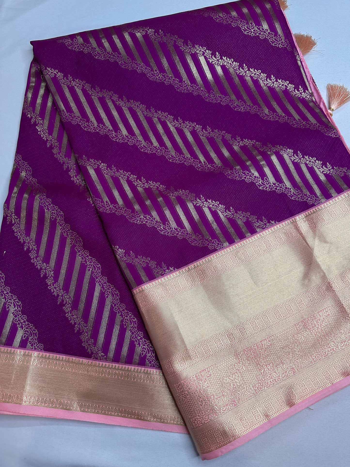 Purple Pink Brocade Semi Kanchi Silk  Saree
