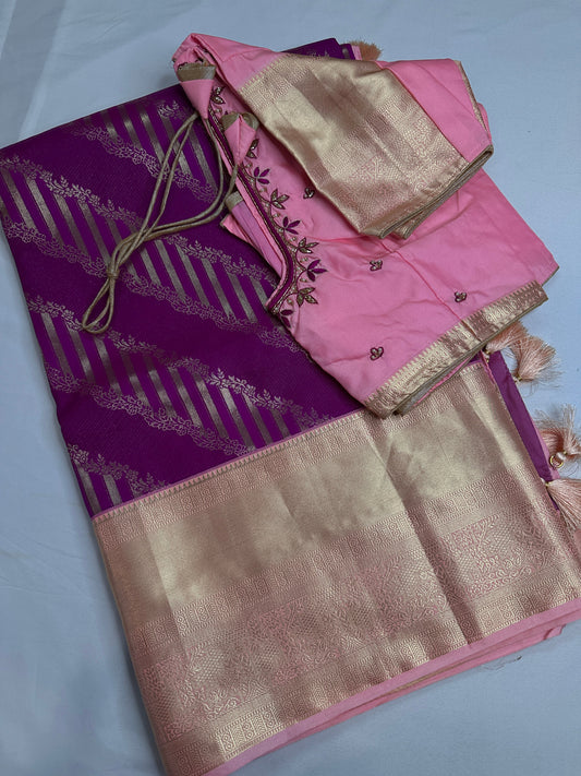 Purple Pink Brocade Semi Kanchi Silk  Saree