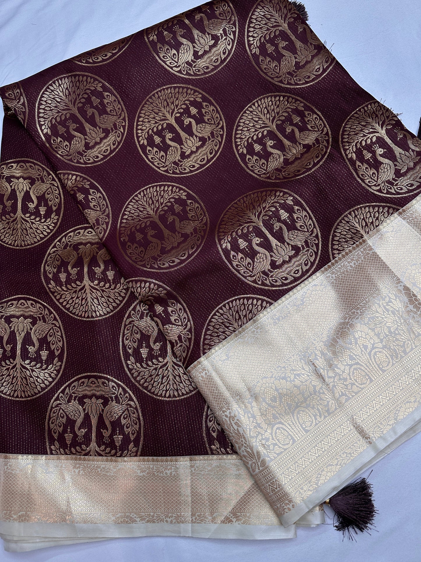 Brown Brocade Semi Kanchi Silk  Saree