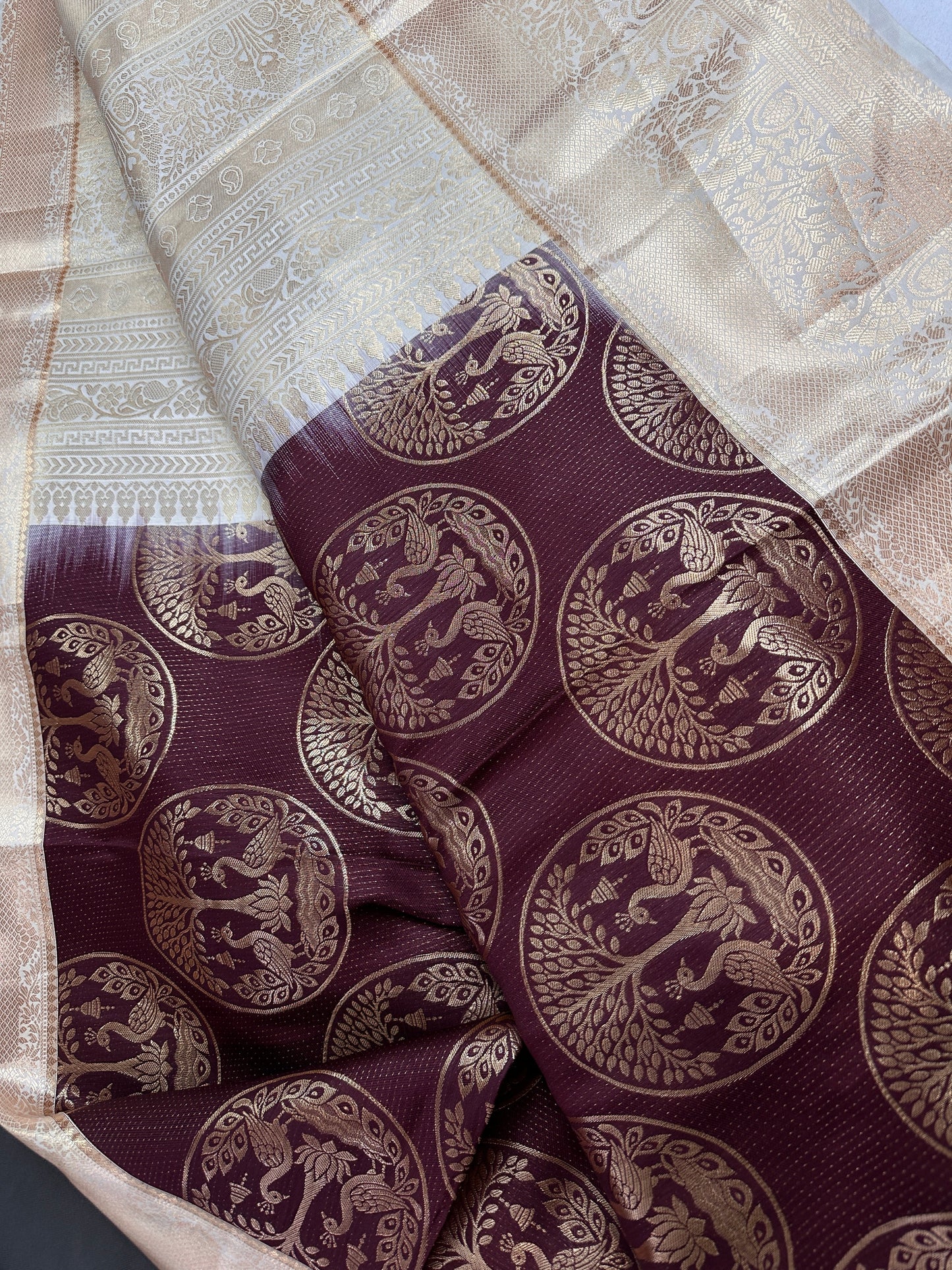 Brown Brocade Semi Kanchi Silk  Saree